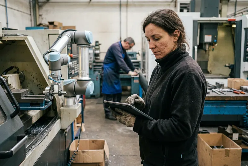 Ingénieure de production près d'un cobot qui charge une machine CNC dans un atelier